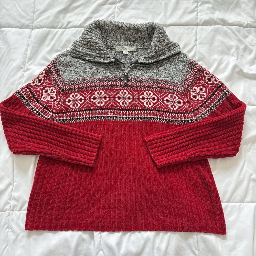 Vintage Sweater Pullover 1/4 Zip Womens Size XL Red Gray‎ Fair Isle Holiday 90s